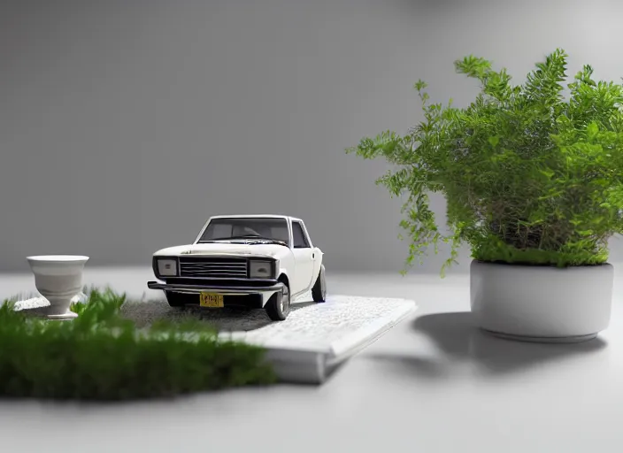 Image similar to a small miniature of a Ford Cortina 1980 on a white table near a book and a vase with a plant, 3d render, octane render, unreal engine 5, path tracing, serene landscape, calm, relaxing, beautiful landscape, highly detailed, high quality, 4k, symmetrical, low contrast