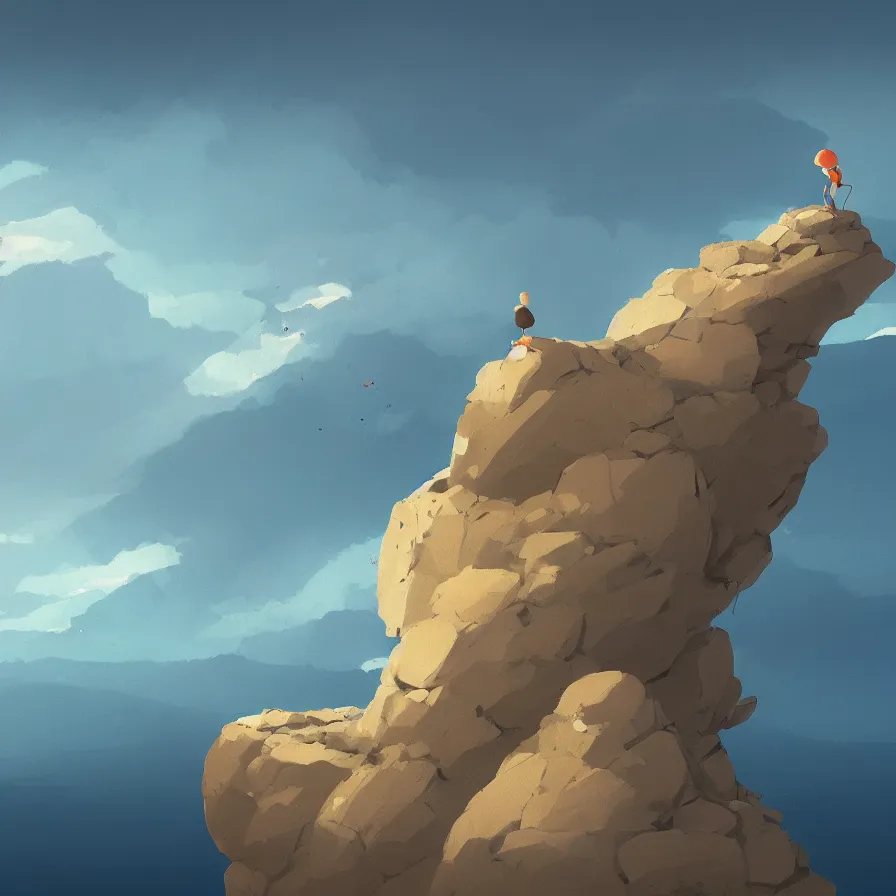 Image similar to Image from afar, man looking from the top of a large rock cliff, the sea hits the large stones hard, the clouds let through subtle rays of light, ilustration art by Goro Fujita, concept art, smooth, sharp focus, ArtStation