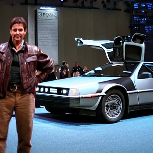 Image similar to the ( mandalorian ) standing next to a delorean