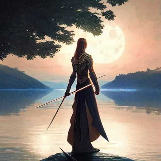 Prompt: excalibur in the middle of a lake under a giant full moon, rippling reflections, romantic, cinematic, intricate, elegant, highly detailed, artstation, concept art, smooth, sharp focus, art by WLOP and artgerm and greg rutkowski and alphonse mucha