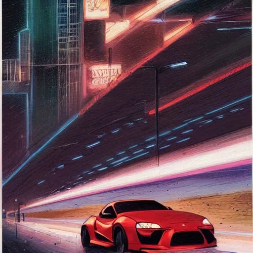 Image similar to a beautiful comic book artwork of a supra on a highway at night, by Jerome Opeña, featured on artstation