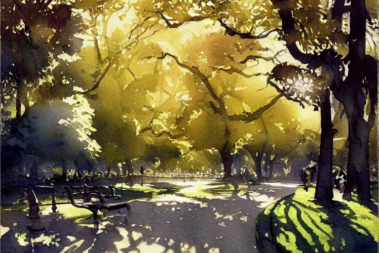 Image similar to small centered on watercolor paper, paint brush strokes, abstract watercolor painting of city park, daylight, shadows, covering foliage over pathway, sunlight, translucent leaves, cinematic light, national romanticism by hans dahl, by jesper ejsing, by anders zorn, by greg rutkowski, by greg manchess, by tyler edlin