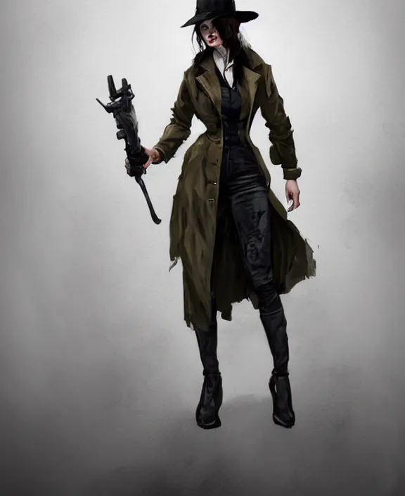 Image similar to Hunt Showdown fanart cosplay female hunter, modeling, posing, trenchcoat, white shirt, quality lighting, dark colors, maximalism, ultra facial detail, epic, gta 5 skin tone, Tooth Wu Artgerm Greg Rutkowski artstation deviantart, 8k, fanart, extreme aesthetic