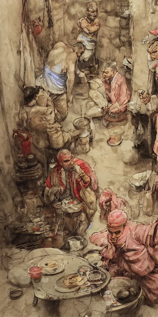 Prompt: pastel colors oil painting scene from hamam by kim jung gi