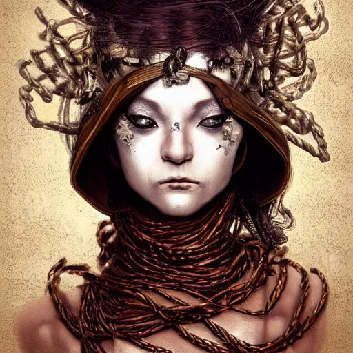 Image similar to portrait of a Shibari rope wrapped face and neck, headshot, insanely nice professional hair style, dramatic hair color, digital painting, of a old 15th century, young cyborg Rubber Nun, amber jewels, baroque, ornate clothing, scifi, realistic, hyperdetailed, chiaroscuro, concept art, art by Franz Hals and Jon Foster and Ayami Kojima and Amano and Karol Bak,