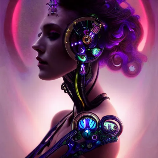 Image similar to extremely psychedelic beautiful cyborg queen of lsd infected by night. intricate, elegant, highly detailed, extremely lifelike photorealistic digital painting, artstation. steichen, gaston bussiere, tom bagshaw, cyberpunk alphonse mucha. elegant minimalism. anatomically correct. sultry. sharp focus. black. surreal lush hallucination