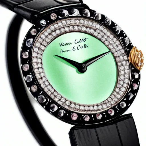 Image similar to van cleef and arpels wristwatch studded with emeralds and rubies on a matte black background wide angle detailed watch hands chinese numerals