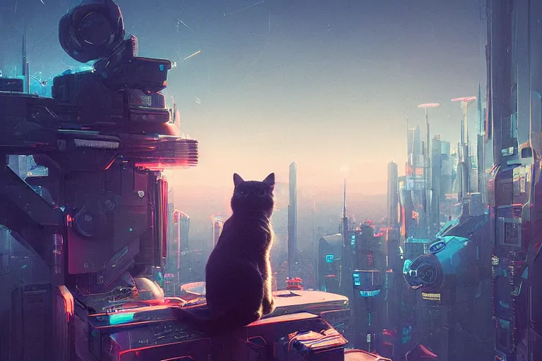 Image similar to cat high up in the sky, cyberpunk art by mike winkelmann, trending on cgsociety, retrofuturism, reimagined by industrial light and magic, darksynth, sci - fi