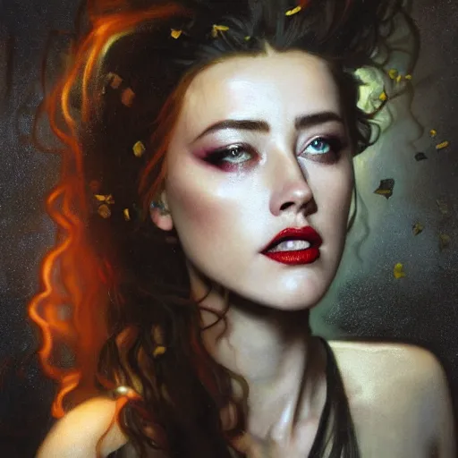 Image similar to hyperrealistic portrait of a woman as amber heard as a vampire witch tears makeup dramatic in a black flower coat reflection in a stone mirror portrait cracks with falling petals. by jeremy mann and alphonse mucha, fantasy art, photo realistic, dynamic lighting, artstation, poster, volumetric lighting, very detailed faces, 4 k, award winning