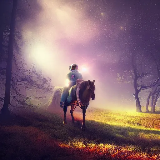 Prompt: astronaut riding a horse in a fantasy forest, landscape, morning ambience, cinematic, digital art, front lit, epic, cinematic