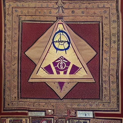 Image similar to a masonic carpet showing the symbols of the master mason, hanging in a masonic lodge