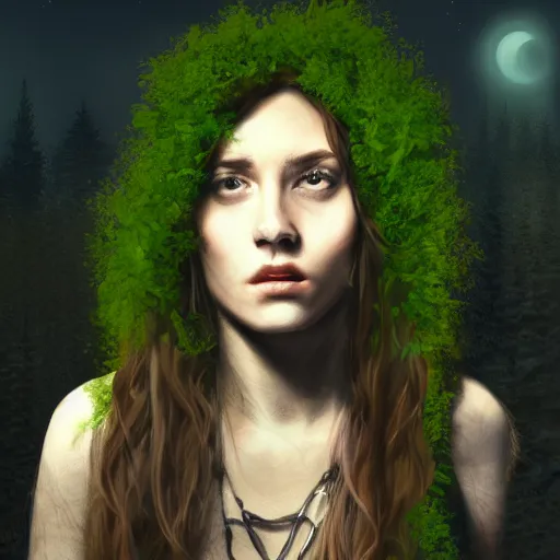 Image similar to portrait of a young female druid smoking pipeweed, D&D, moonlight, realistic, cinematic lighting, fantasy digital painting