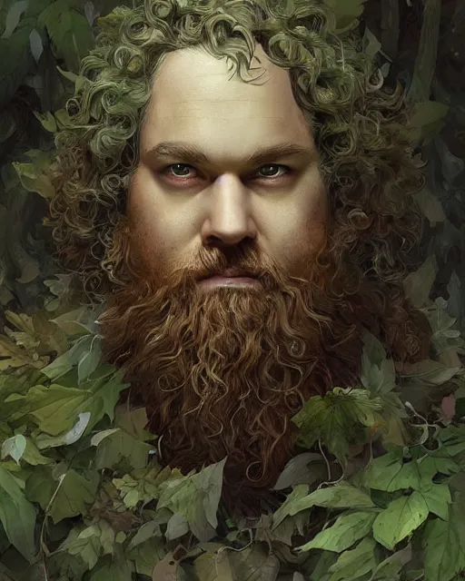 Image similar to patrick rothfuss as a forest druid with leaves in his beard, dreamy and ethereal, fantasy, intricate, elegant, highly detailed, digital painting, artstation, concept art, smooth, sharp focus, illustration, art by artgerm and greg rutkowski and donato giancola