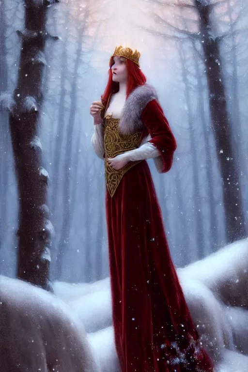 Prompt: nostalgia for a fairytale, nordic, snowing, medieval maiden dressed in furs, red velvet gown, long hair, tall and thin, illustration, dramatic lighting, soft details, painting, art nouveau, octane render, 8 k, hd, by edmund blair leighton, brom, charlie bowater, faces by otto schmidt