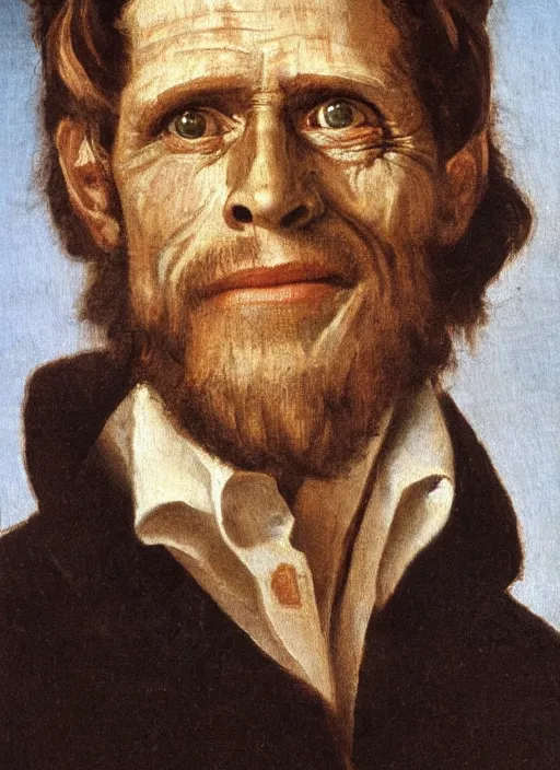 Image similar to portrait painting of willem dafoe with stubble smiling warmly, renaissance oil painting, studious chiaroscuro