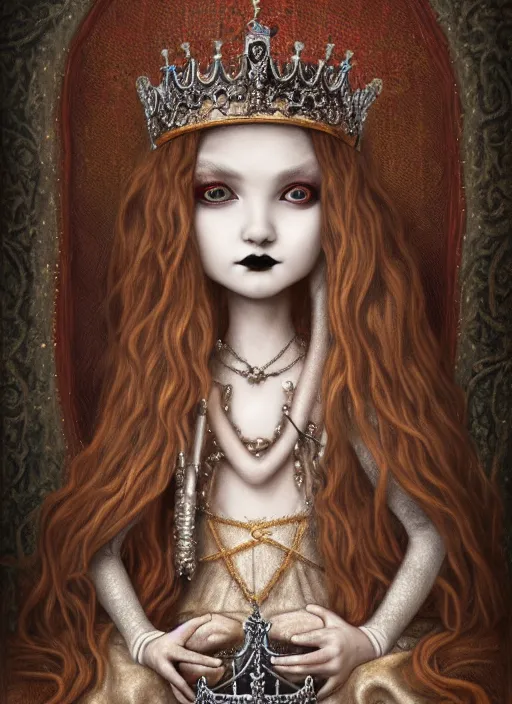 Image similar to highly detailed closeup portrait of a goth medieval princess wearing a crown and sitting on a throne, nicoletta ceccoli, mark ryden, lostfish, global illumination, god rays, detailed and intricate environment