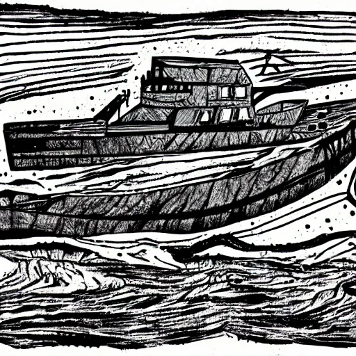 Prompt: an abandoned ship on the aral sea desert, in the style of daniel johnston and outsider art, 8 k, line brush, muted, overlaid with cyrillic words, baselitz, german expressionist woodcut