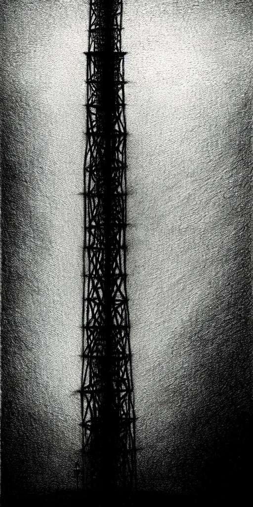 Image similar to A tower connected with cables, shining light, rays of light, by beksinski, shining light, high clouds, fog, Award winning, pencil drawing, masterpiece, detailed illustration