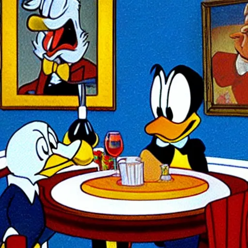 Image similar to Donald Duck invites Scrooge McDuck to dine in a very fancy restaurant