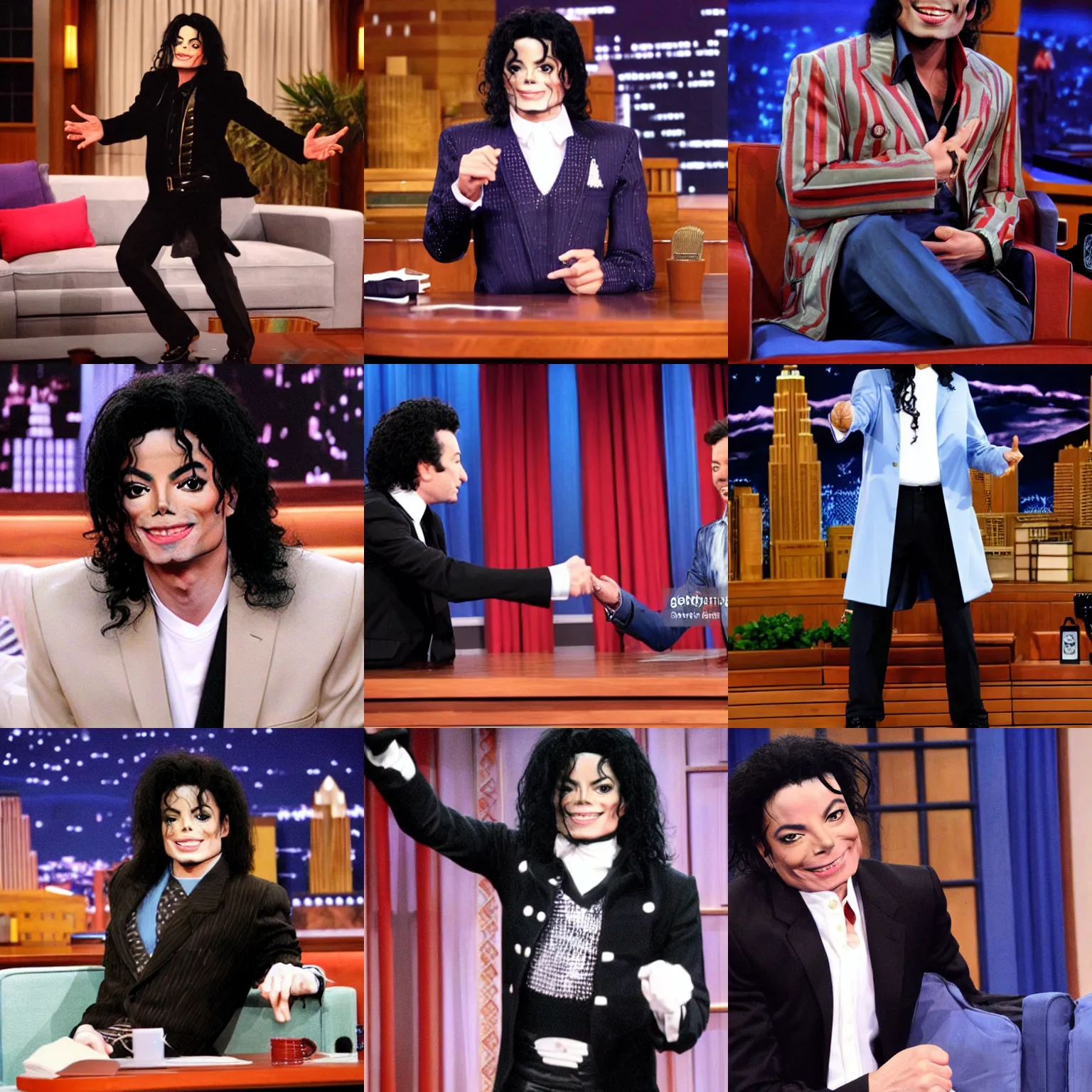 Prompt: michael jackson as jimmy fallon, still from late night tv show