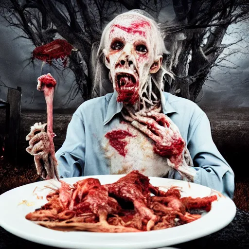 Prompt: an ultra realistic 8 k hdr photo of an elderly haggered raggedy zombie vampire eats a plate of skin and meat and blood and bones and tendons scary picture