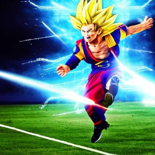 Image similar to a picture of super saiyan messi shooting a laser beam