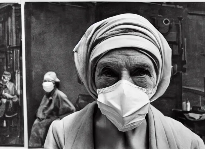 Image similar to cinematic mid shot of a high detail, vivian dorothy maier, with surgical mask. where's wally, line drawing by van gogh, and mother theresa