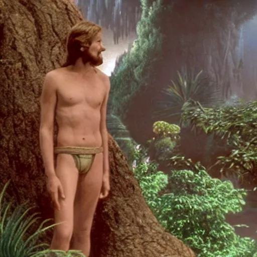 Prompt: a film still of the garden of eden ( from the bible ) in star wars 1 9 7 7, realistic, photorealistic, detailed,