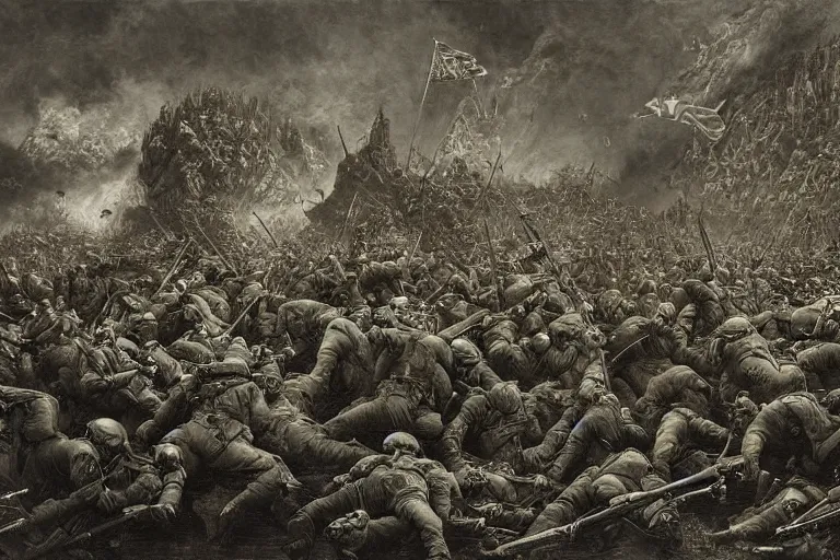 Image similar to highly detailed painting of world war 2, symmetrical, masterpiece, highly detailed painting by gustave dore