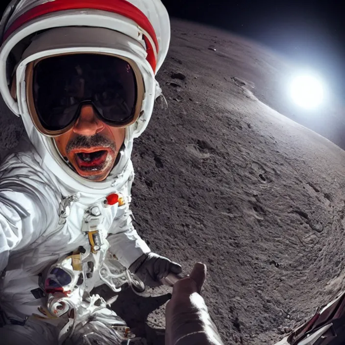 Image similar to robert downey jr eating a delicious hot dog on the moon, dynamic lighting, gopro selfie with a fisheye lens