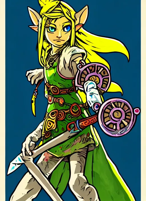 Prompt: fierce diety link from legend of zelda majoras mask!! portrait illustration, pop art, splash painting, art by geof darrow, ashley wood, alphonse mucha, makoto shinkai