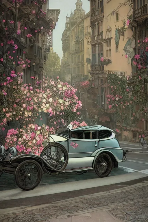 Image similar to ultra realistic illustration, old vintage car in the city with flowers blooming out the window, elegant, highly detailed, digital painting, concept art, smooth, sharp focus, illustration, art by alphonse mucha