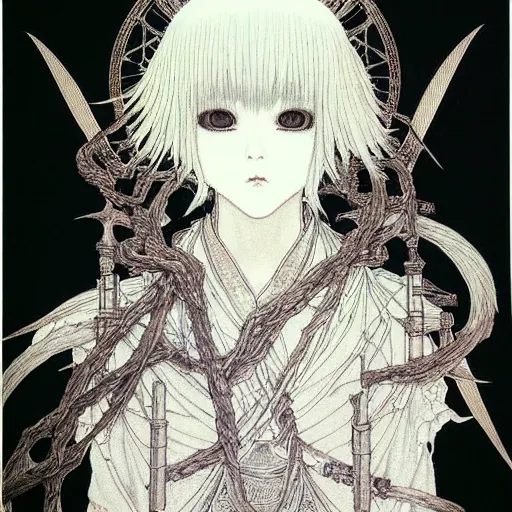 Prompt: prompt: Fragile looking vessel portrait soft light drawn by Takato Yamamoto, inspired by Fables, ancient dark chrome knight armor, magical and alchemical objects on the side, soft light, white background, intricate detail, intricate oil painting detail, sharp high detail, manga and anime 2000