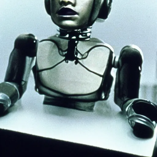 Prompt: Possession (1981) movie by Andrzej Żuławski, movie still, robot head and man head, dop