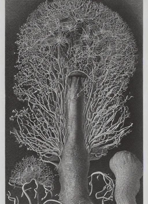 Prompt: mycelium growing into a mushroom, ernst haeckel