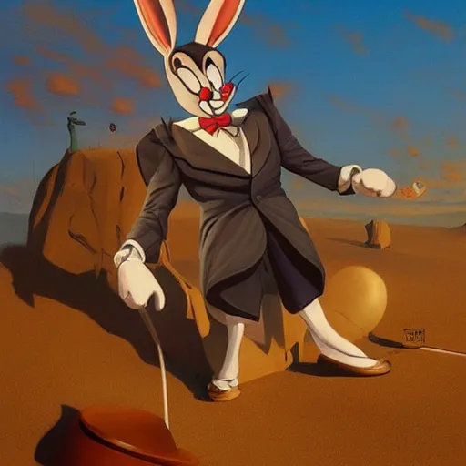 Image similar to salvadore dali cosplay bugs bunny, art by wgreg rutkowski. during golden hour. extremely detailed.