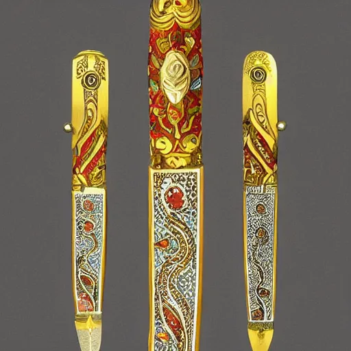 Image similar to artistic knife with jewels and gold inlay in the style of a indonesian keris, photorealistic