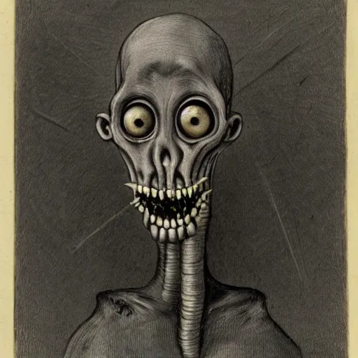 Image similar to humanoid with crooked teeth, black eyes, gaping mouth, alien looking, big forehead, horrifying, killer, creepy, dead, monster, tall, skinny, open mouth, deathly, in the style of alfred kubin