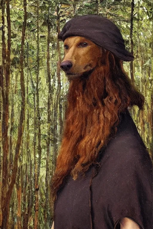 Prompt: Slavic dog head man, woolen torso in medieval clothes, walking in the forest, Orthodox Saint Christopher, oil painting, painting by Viktor Vasnetsov, concept art, hyperborea, beautiful dog head, hyperrealism, beautiful, high resolution, trending on artstation,