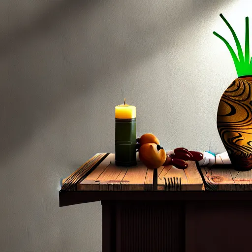 Image similar to a large vase with palms on top of a antique wooden table, vegetables on table and candle, medieval antique concept art, cinematic lightning and colors, vray tracing, rendered in unreal engine, dark lightning, contrast shadows, super detailed, 8 k