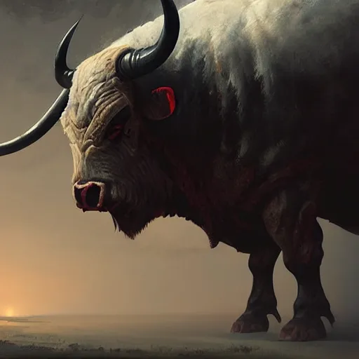 Prompt: giant angry bull with red eyes, steam breath, mysterious, epic concept art, epic painting, artstation, realistic, by greg rutkowski