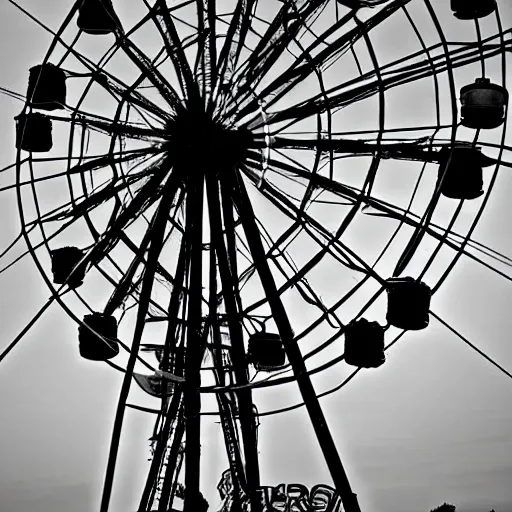 Prompt: a photo of a large abandoned ferris wheel, old, eerie, black and white, night