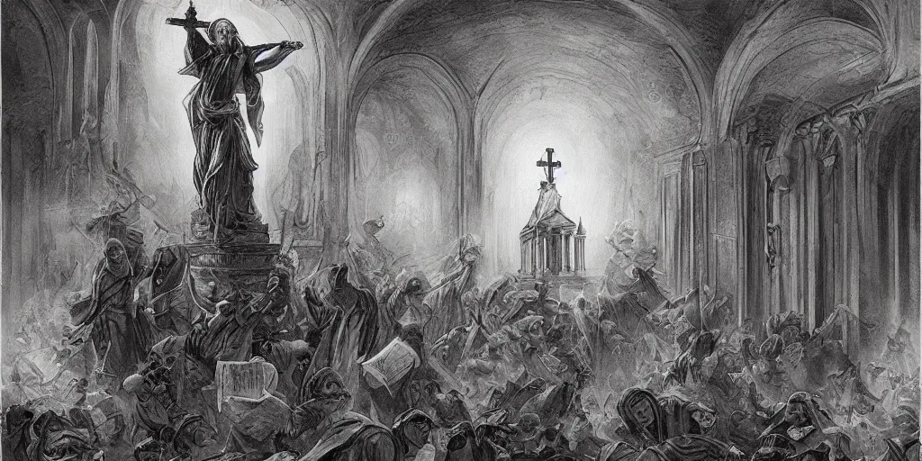 Image similar to Beautiful illustration of how religion is invasive and destroys history, trending on ArtStation