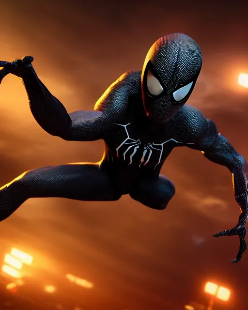 Image similar to photograph of a symbiote and spider - man hybrid, dslr, cinematic, volumetric lighting, 8 k resolution, photorealistic