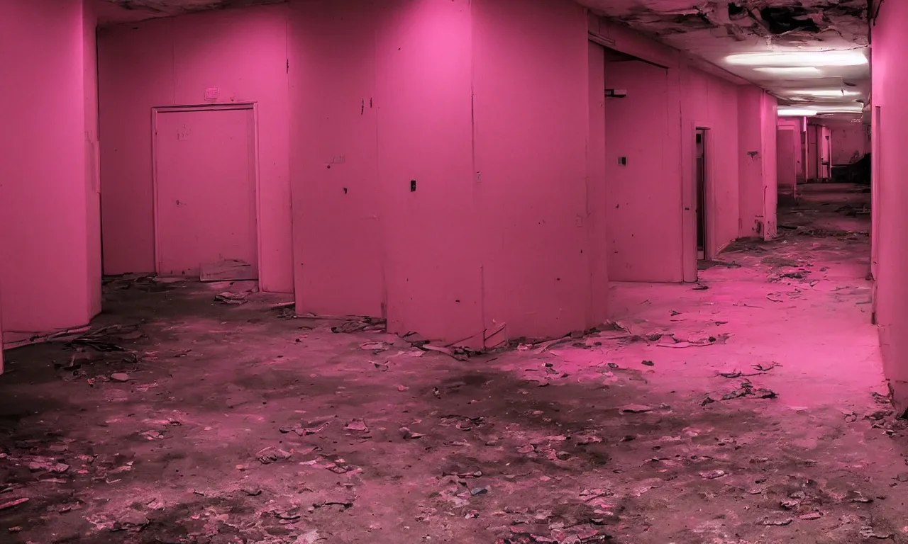 Image similar to backrooms abandoned mall, ominous neon pink lighting, moldy walls and shallow water, shadowy tall figures in the distance