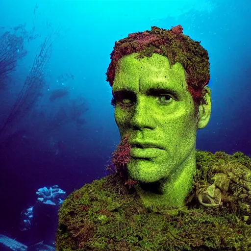 Prompt: Award-winning photograph by Mar Mann. The photo depicts a decaying roman bust of Jim Carrey overgrown with moss at the bottom of the sea in the middle of ruins of civilization. Minimalism, high definition, perfect composition. Deep sea picture. Very dark. Volumetric Lighting. Fish. Darkness. Ruins