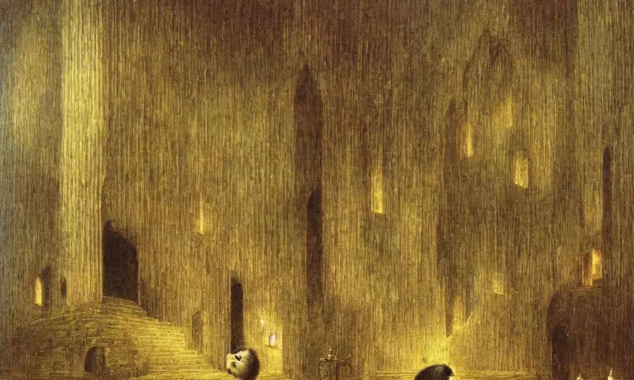 Image similar to a hamster gives a sermon in a matchstick cathedral caspar david friedrich dramatic oil painting