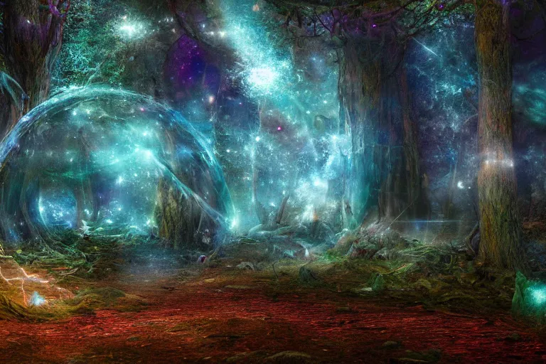 Prompt: A cosmic portal inside an enchanted forest. Cinematic lighting. Photorealism.
