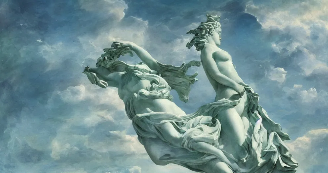 Prompt: Aphrodite statute of winged victory Samothrace made of blueish green crystal detailed on landscape painted clouds background cumulus nimbus dark contrast oil painting heavy blob saturn chaotic