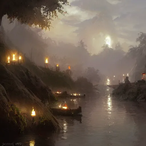 Image similar to concept art, river lanterns, by james gurney, greg rutkowski, john howe, artstation